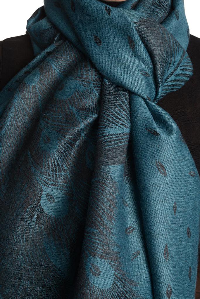 Liss Kiss Peacock Feathers On Prussian Blue Pashmina With Tassels - Scarf