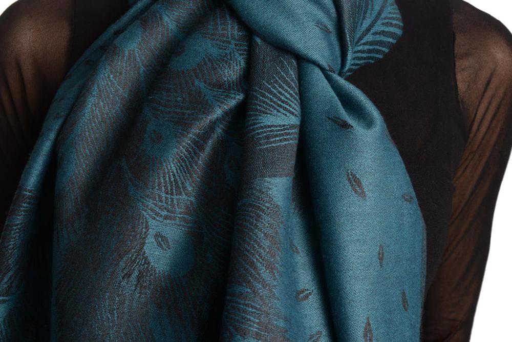 Liss Kiss Peacock Feathers On Prussian Blue Pashmina With Tassels - Scarf
