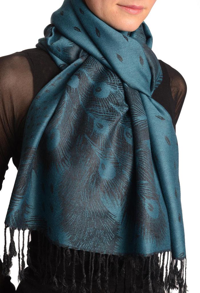 Liss Kiss Peacock Feathers On Prussian Blue Pashmina With Tassels - Scarf