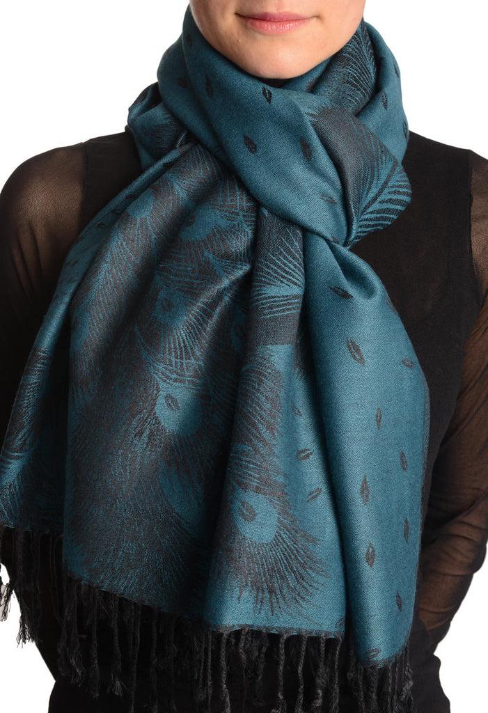 liss kiss Peacock Feathers On Prussian Blue Pashmina With Tassels - Scarf