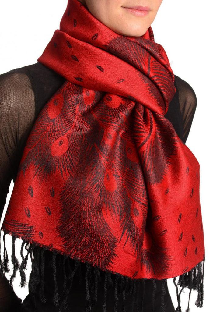 Liss Kiss Peacock Feathers On Red Pashmina With Tassels - Scarf