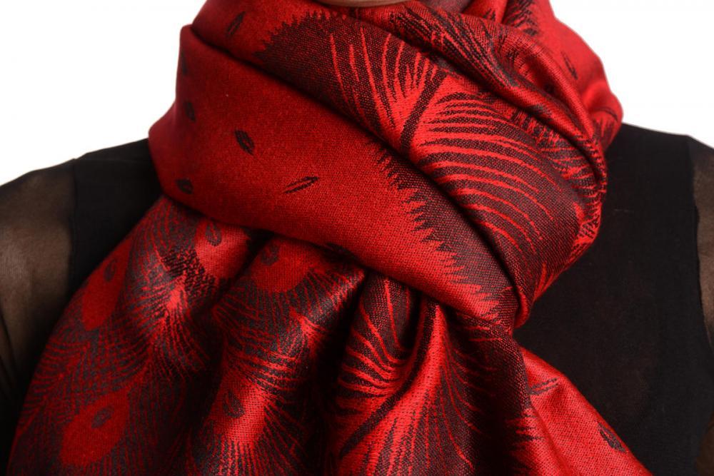 Liss Kiss Peacock Feathers On Red Pashmina With Tassels - Scarf