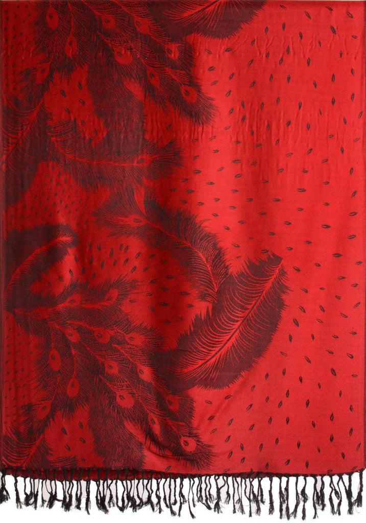 Liss Kiss Peacock Feathers On Red Pashmina With Tassels - Scarf