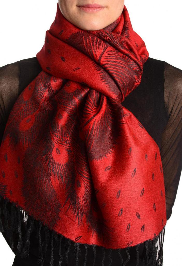 liss kiss Peacock Feathers On Red Pashmina With Tassels - Scarf
