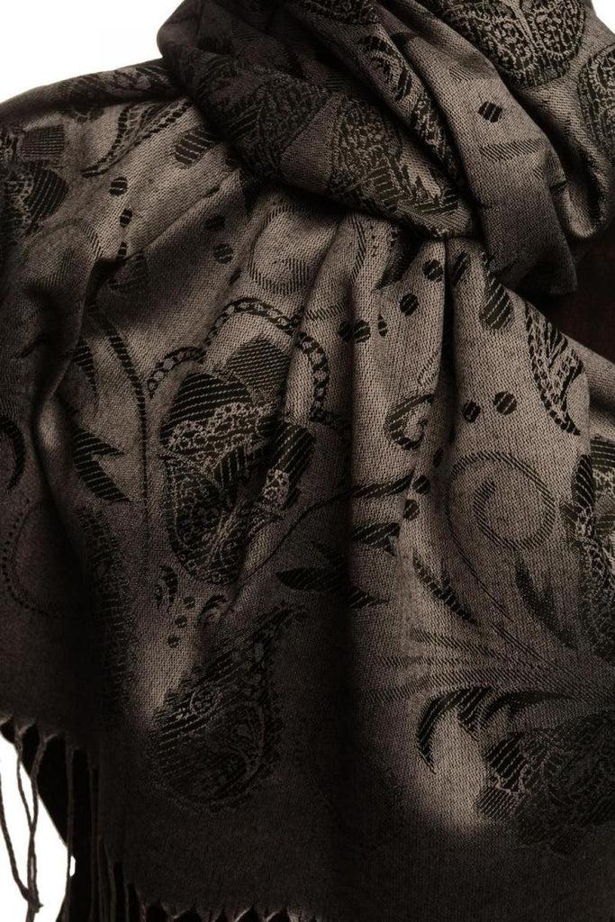 Liss Kiss Pearls & Paisleys On Black & Grey Pashmina With Tassels - Scarf