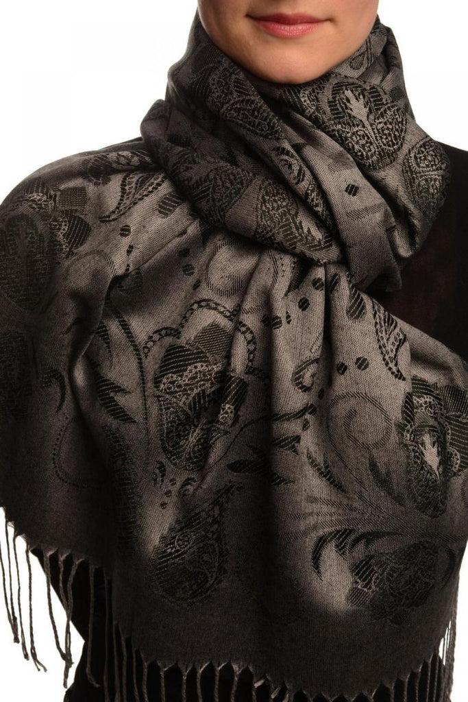 liss kiss Pearls & Paisleys On Black & Grey Pashmina With Tassels - Scarf