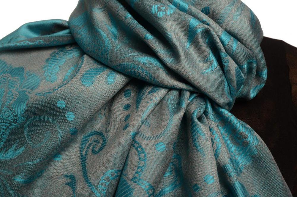 Liss Kiss Pearls & Paisleys On Blue & Grey Pashmina With Tassels - Scarf