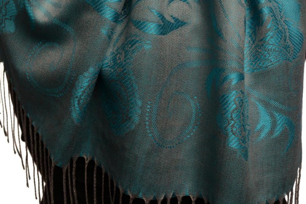 Liss Kiss Pearls & Paisleys On Blue & Grey Pashmina With Tassels - Scarf