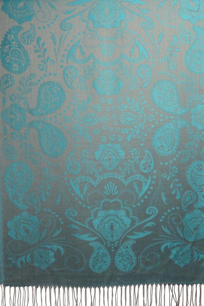 Liss Kiss Pearls & Paisleys On Blue & Grey Pashmina With Tassels - Scarf