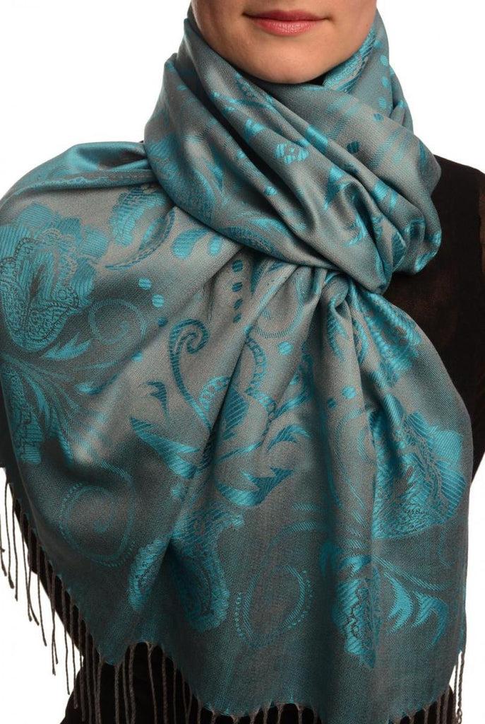 liss kiss Pearls & Paisleys On Blue & Grey Pashmina With Tassels - Scarf
