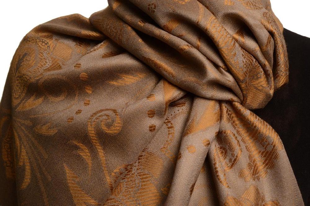 Liss Kiss Pearls & Paisleys On Brown & Grey Pashmina With Tassels - Scarf