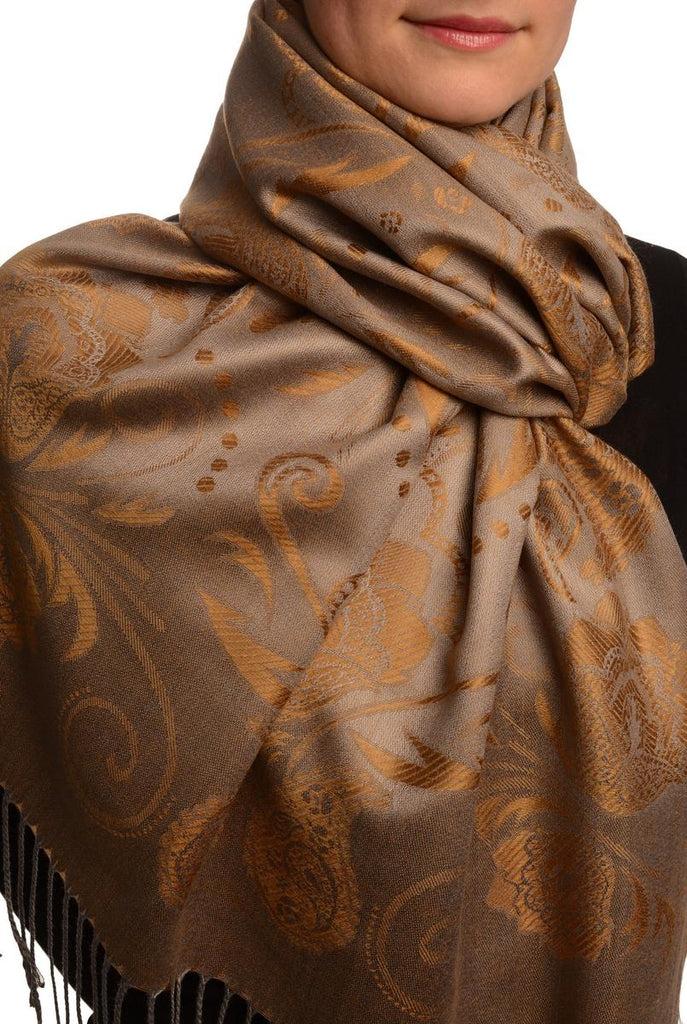 Liss Kiss Pearls & Paisleys On Brown & Grey Pashmina With Tassels - Scarf