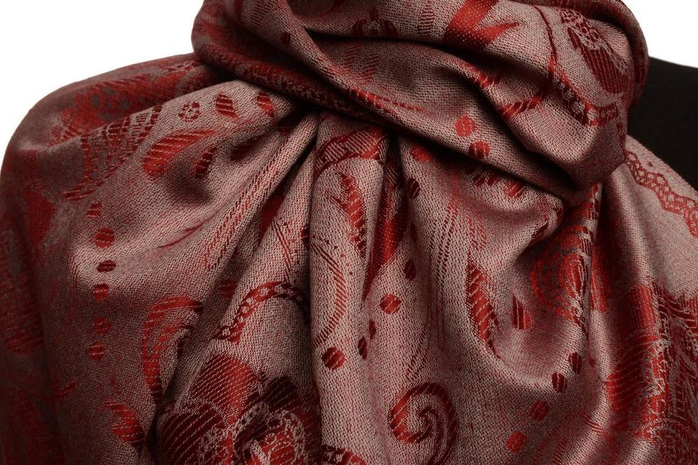 Liss Kiss Pearls & Paisleys On Burgundy Red Pashmina With Tassels - Scarf