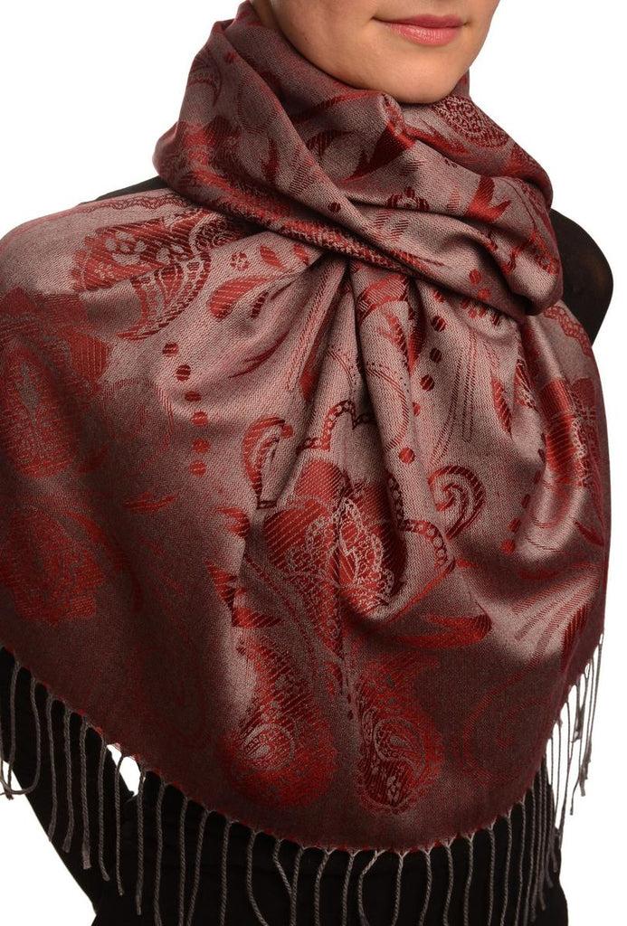 Liss Kiss Pearls & Paisleys On Burgundy Red Pashmina With Tassels - Scarf