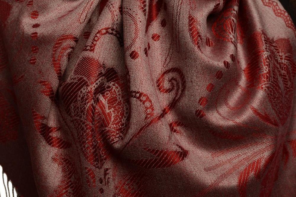 Liss Kiss Pearls & Paisleys On Burgundy Red Pashmina With Tassels - Scarf