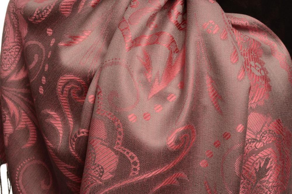 Liss Kiss Pearls & Paisleys On Carnation Pink & Grey Pashmina With Tassels - Scarf