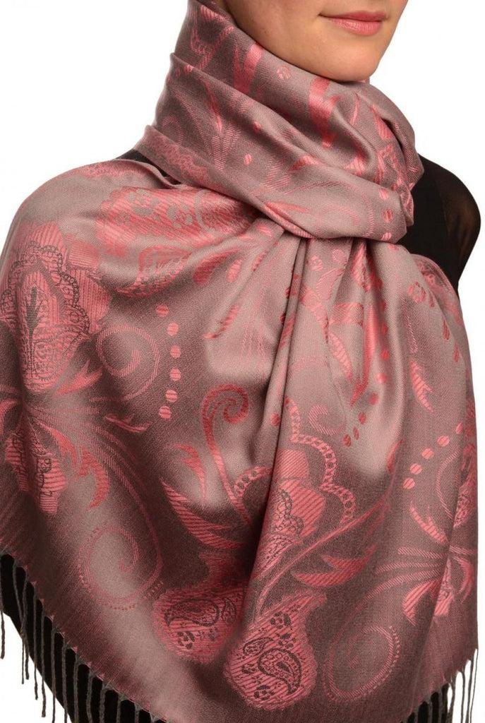 Liss Kiss Pearls & Paisleys On Carnation Pink & Grey Pashmina With Tassels - Scarf