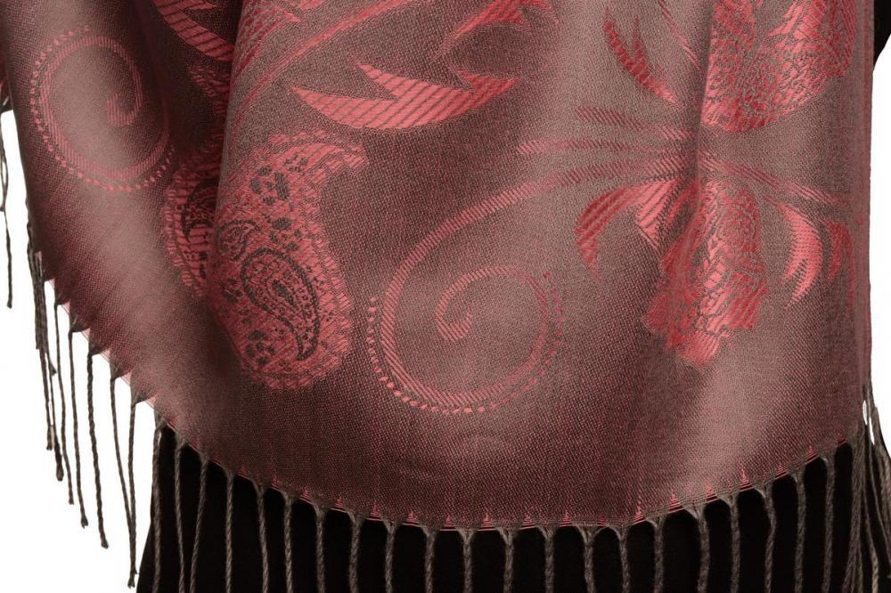 Liss Kiss Pearls & Paisleys On Carnation Pink & Grey Pashmina With Tassels - Scarf