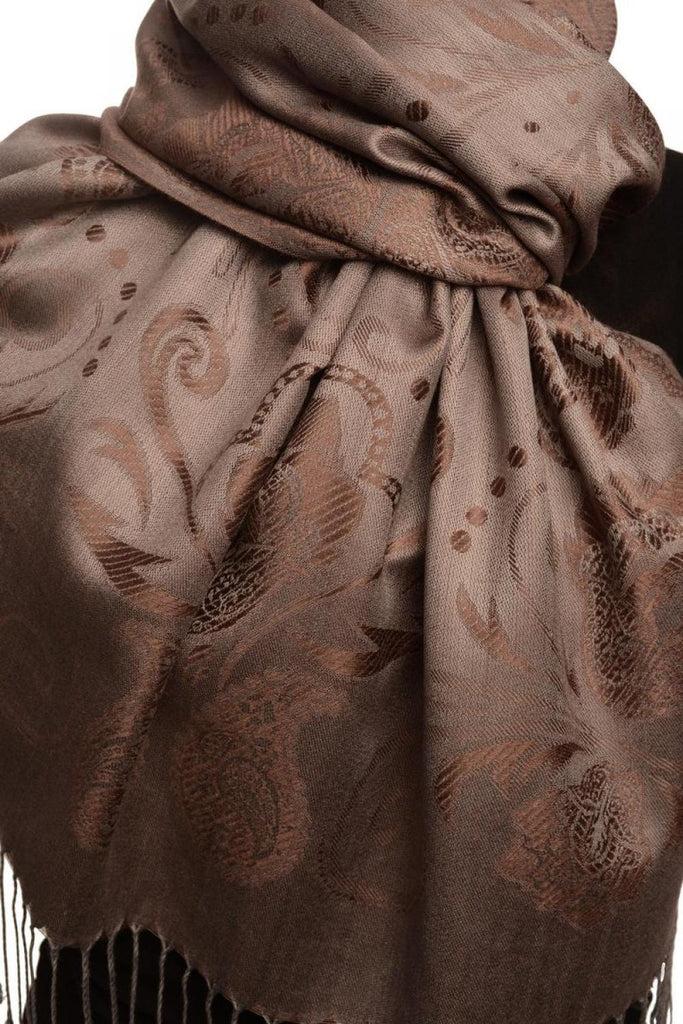 Liss Kiss Pearls & Paisleys On Dark Brown & Grey Pashmina With Tassels - Scarf