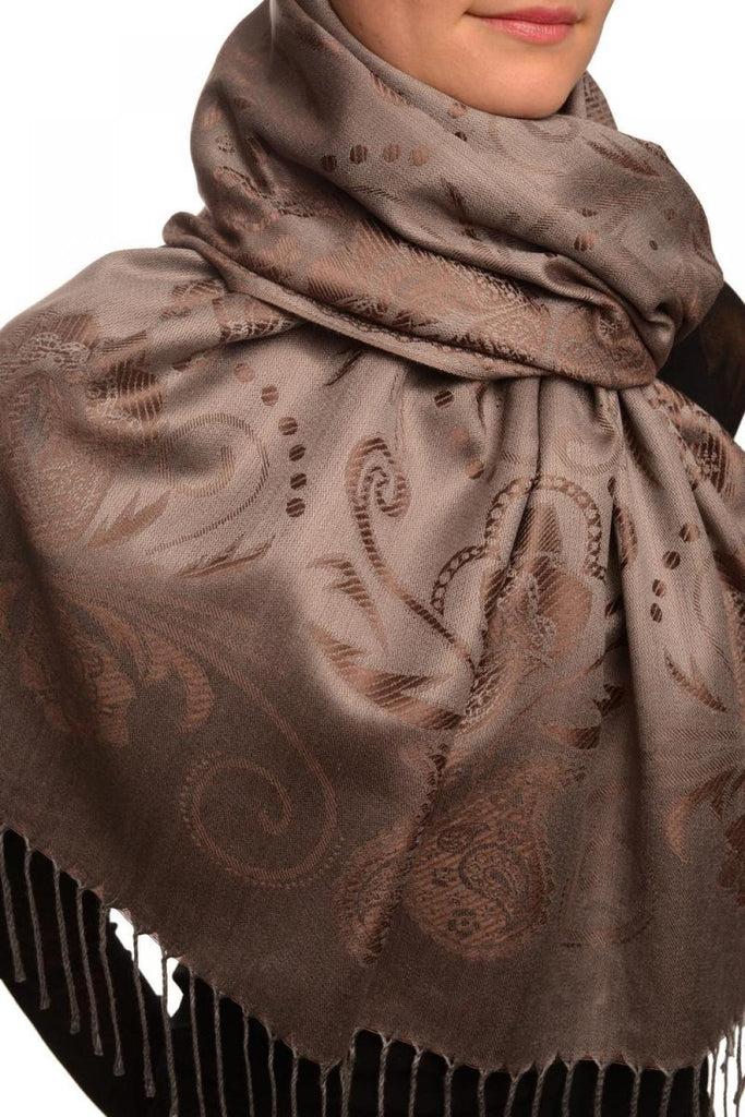Liss Kiss Pearls & Paisleys On Dark Brown & Grey Pashmina With Tassels - Scarf