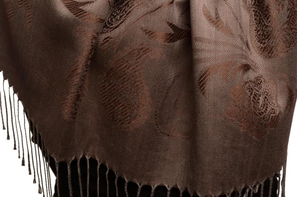 Liss Kiss Pearls & Paisleys On Dark Brown & Grey Pashmina With Tassels - Scarf