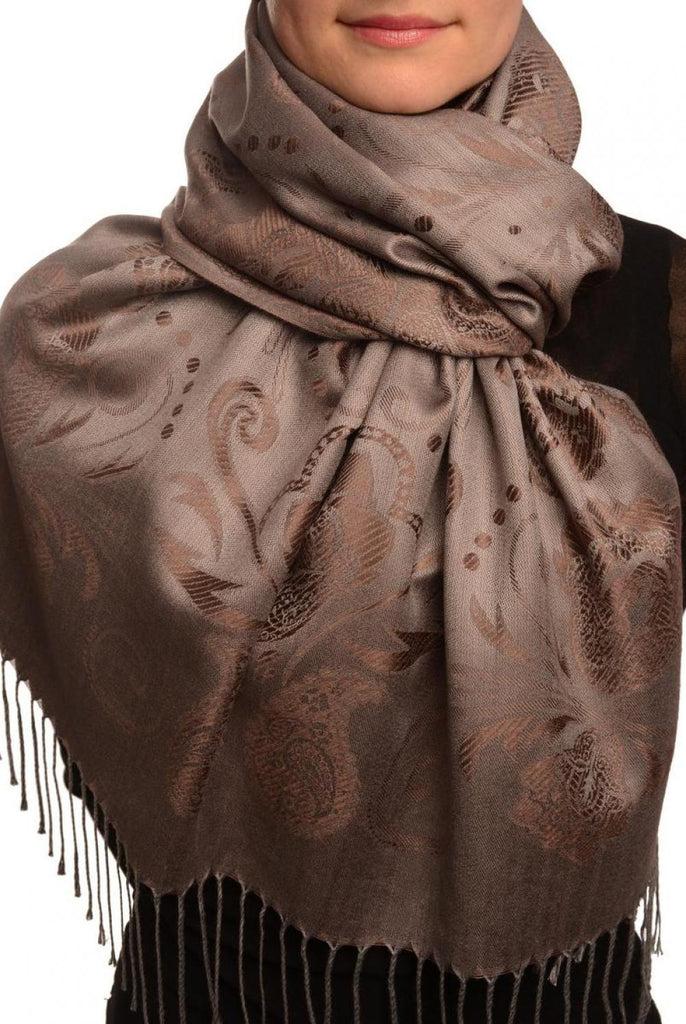 liss kiss Pearls & Paisleys On Dark Brown & Grey Pashmina With Tassels - Scarf