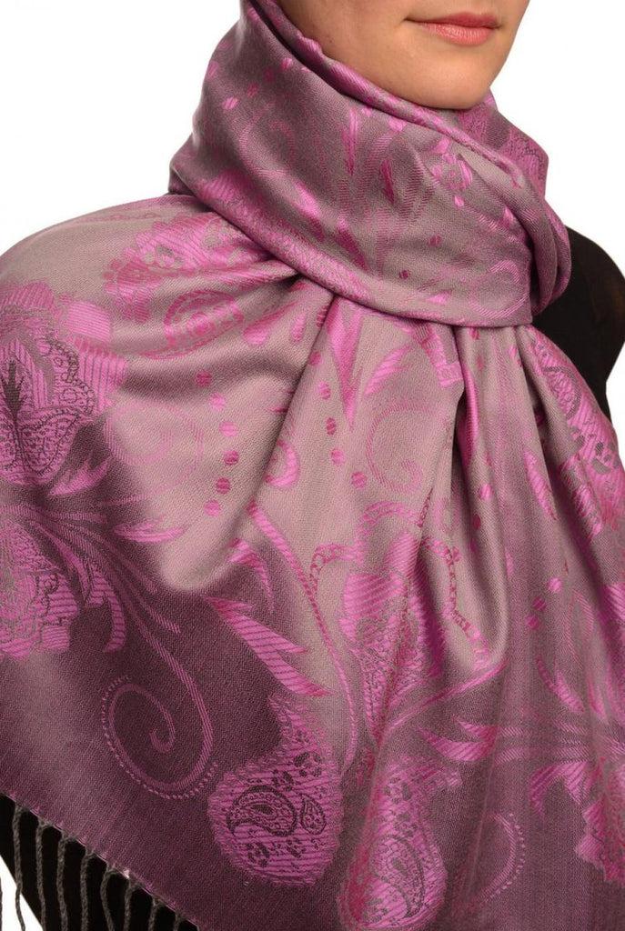 Liss Kiss Pearls & Paisleys On Fuchsia Pink & Grey Pashmina With Tassels - Scarf