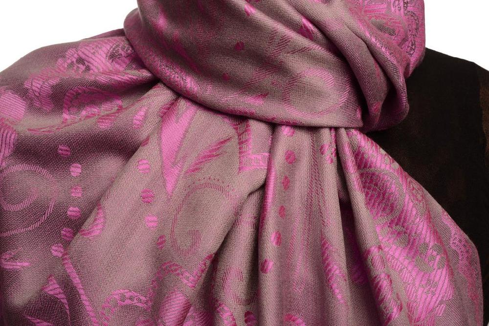 Liss Kiss Pearls & Paisleys On Fuchsia Pink & Grey Pashmina With Tassels - Scarf