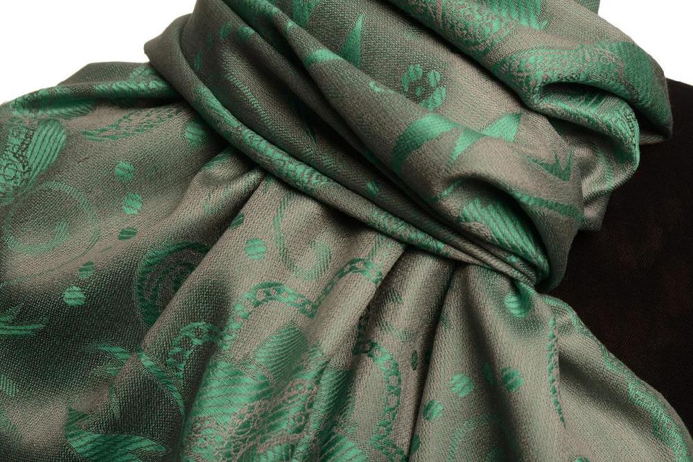 Liss Kiss Pearls & Paisleys On Green & Grey Pashmina With Tassels - Scarf
