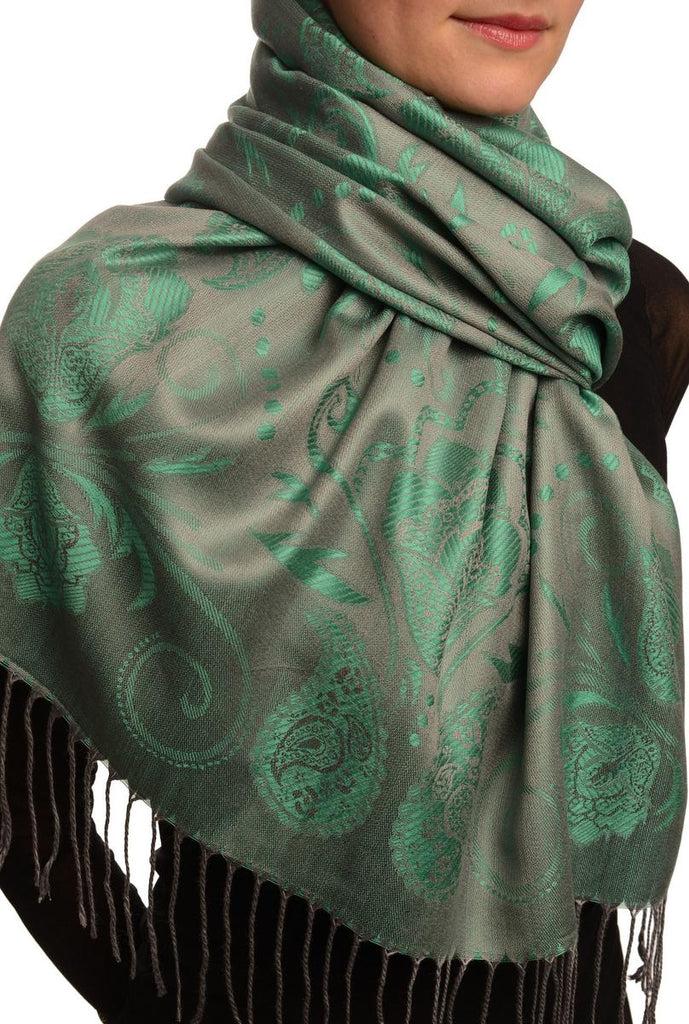 Liss Kiss Pearls & Paisleys On Green & Grey Pashmina With Tassels - Scarf