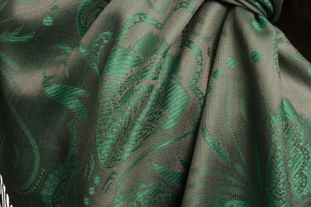 Liss Kiss Pearls & Paisleys On Green & Grey Pashmina With Tassels - Scarf