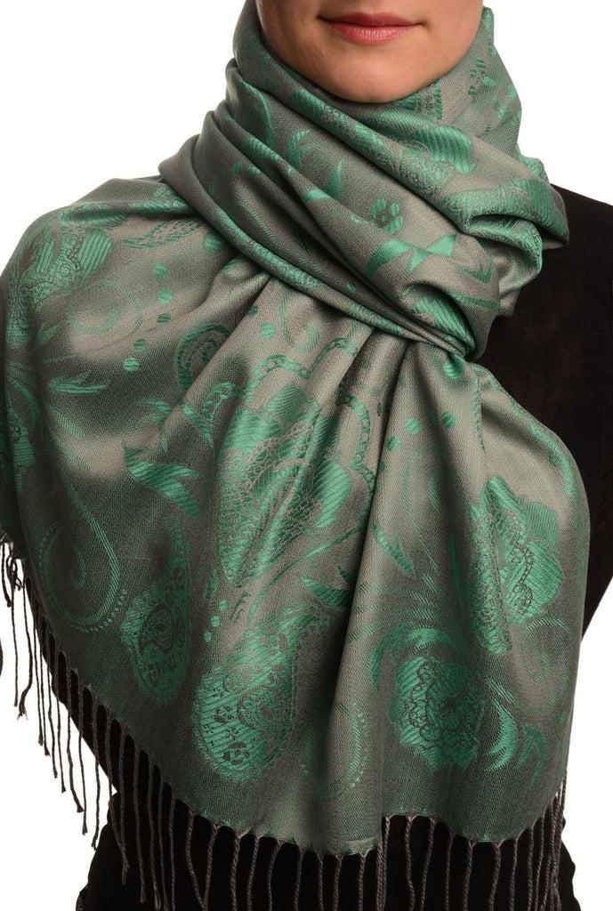 liss kiss Pearls & Paisleys On Green & Grey Pashmina With Tassels - Scarf
