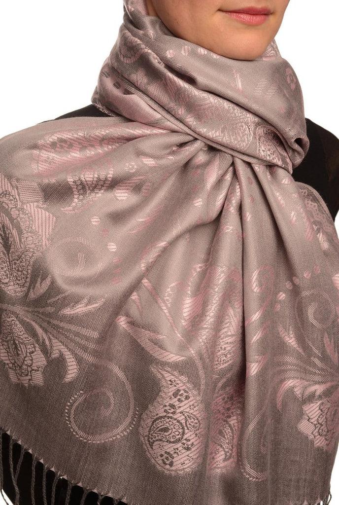 Liss Kiss Pearls & Paisleys On Pink & Grey Pashmina With Tassels - Scarf