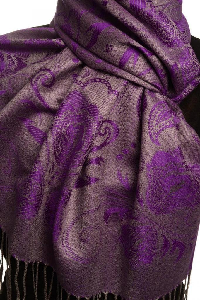 Liss Kiss Pearls & Paisleys On Purple & Grey Pashmina With Tassels - Scarf