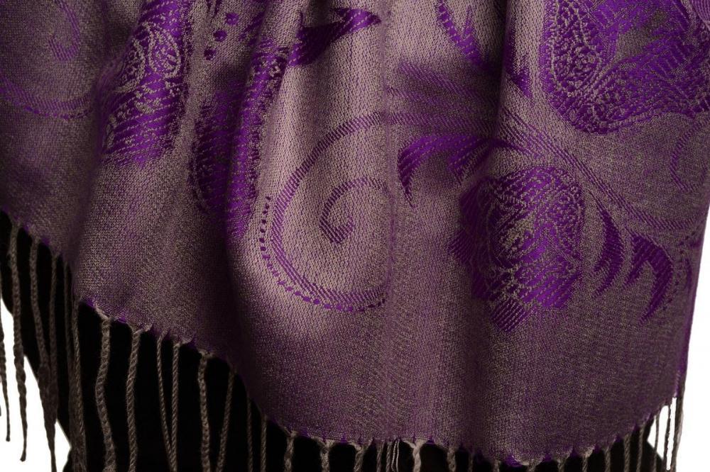 Liss Kiss Pearls & Paisleys On Purple & Grey Pashmina With Tassels - Scarf