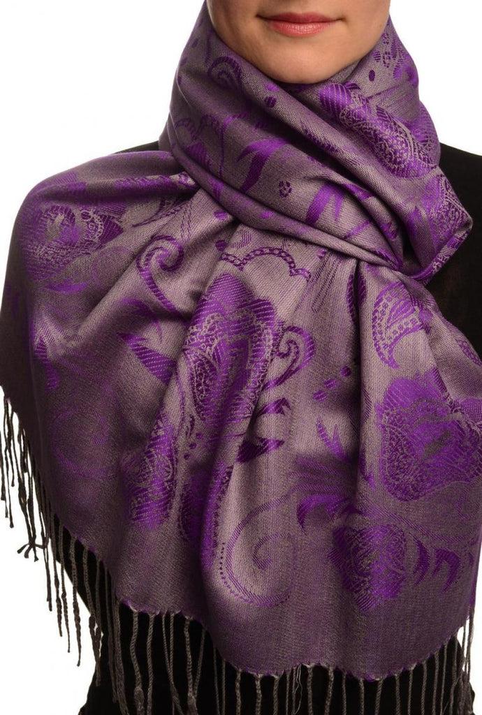 liss kiss Pearls & Paisleys On Purple & Grey Pashmina With Tassels - Scarf