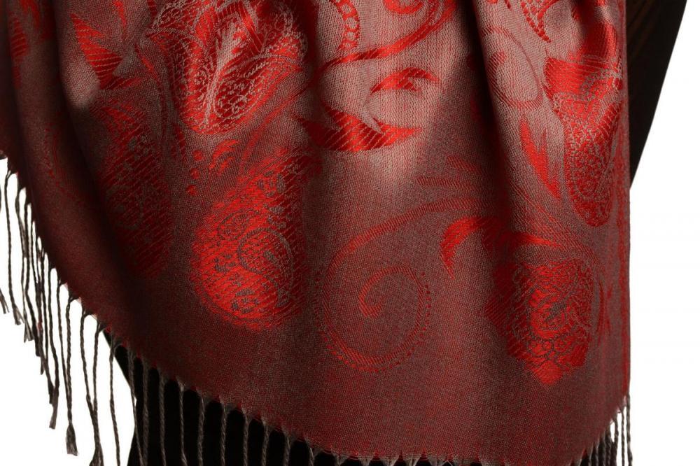 Liss Kiss Pearls & Paisleys On Red Pashmina With Tassels - Scarf