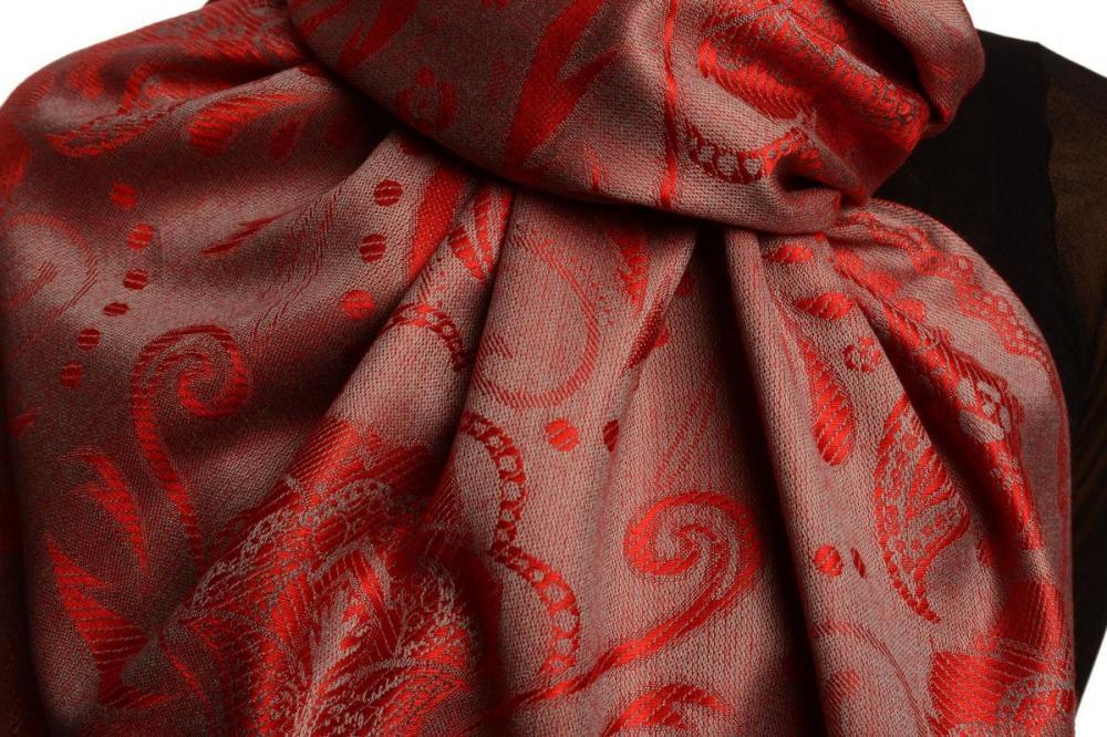 Liss Kiss Pearls & Paisleys On Red Pashmina With Tassels - Scarf