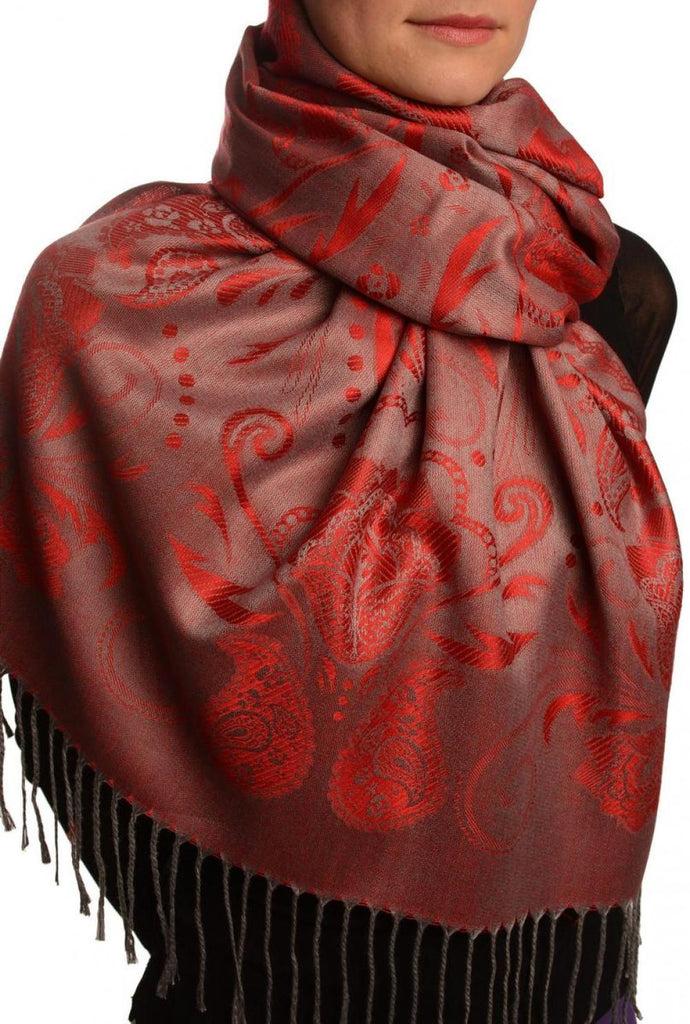 Liss Kiss Pearls & Paisleys On Red Pashmina With Tassels - Scarf