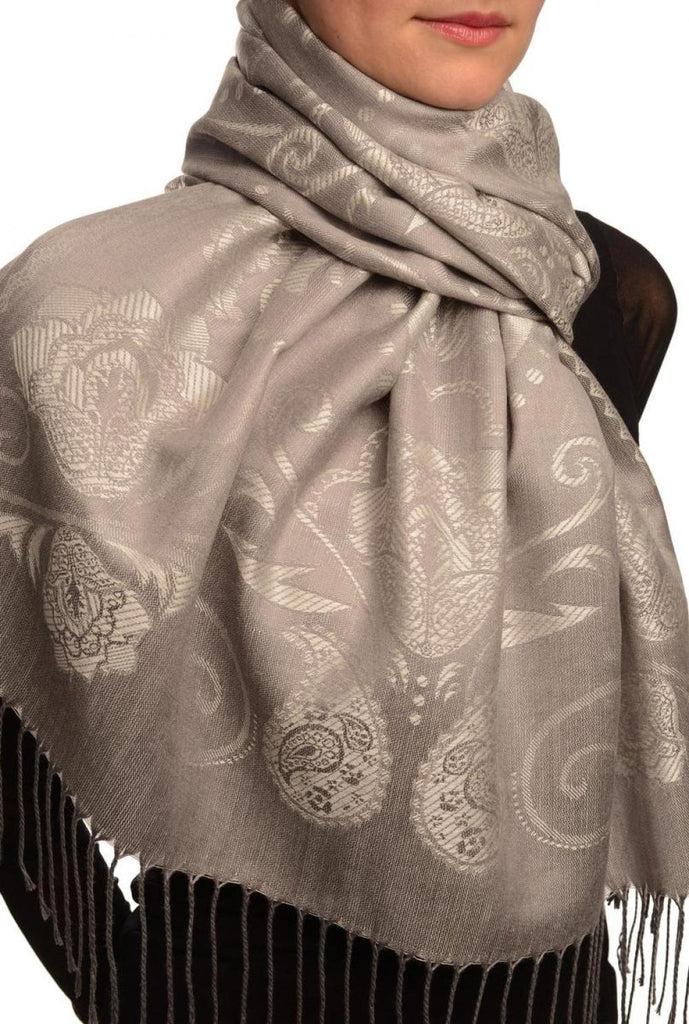 Liss Kiss Pearls & Paisleys On Silver Grey Pashmina With Tassels - Scarf