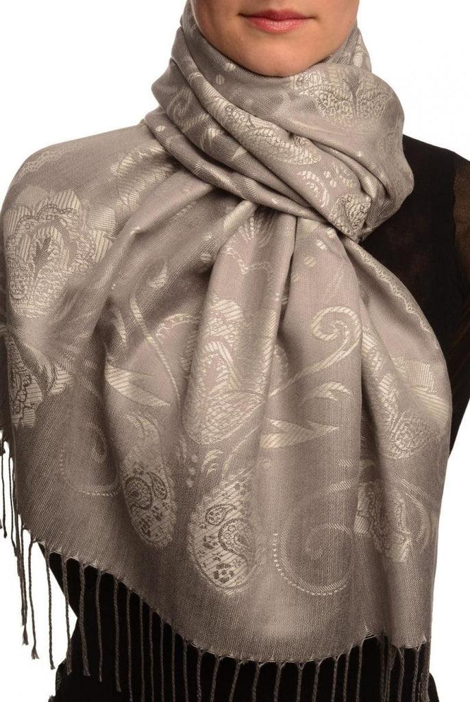 liss kiss Pearls & Paisleys On Silver Grey Pashmina With Tassels - Scarf