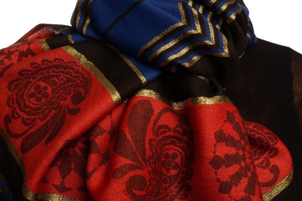 Liss Kiss Persian Blue Stripes & Gold Lurex Pashmina With Tassels - Scarf