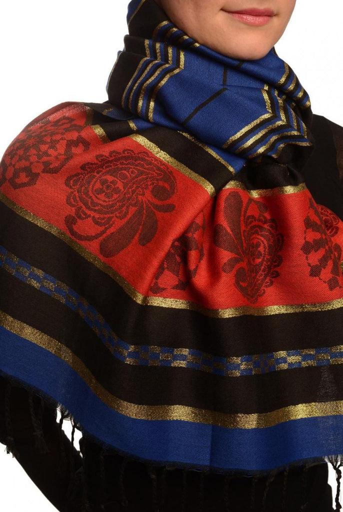 Liss Kiss Persian Blue Stripes & Gold Lurex Pashmina With Tassels - Scarf