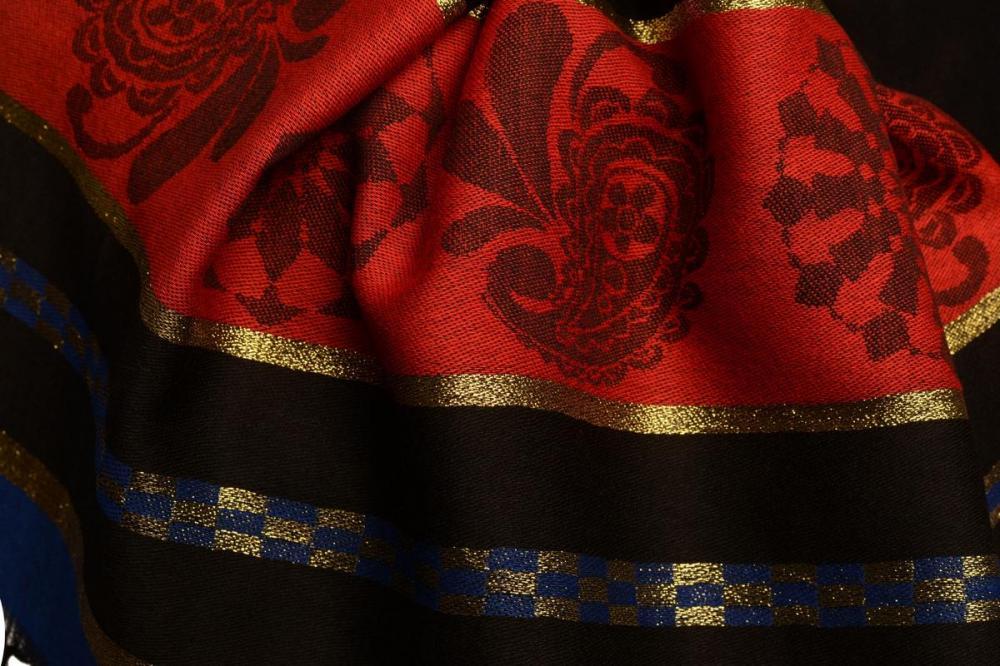 Liss Kiss Persian Blue Stripes & Gold Lurex Pashmina With Tassels - Scarf