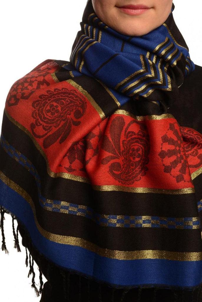 liss kiss Persian Blue Stripes & Gold Lurex Pashmina With Tassels - Scarf