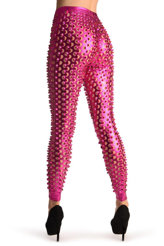 Liss Kiss Pink 3D Cut Through Faux Leather Spikes - Leggings