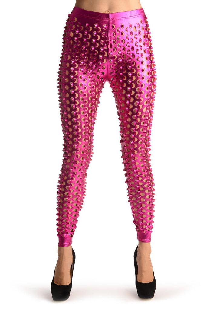 liss kiss Pink 3D Cut Through Faux Leather Spikes - Leggings