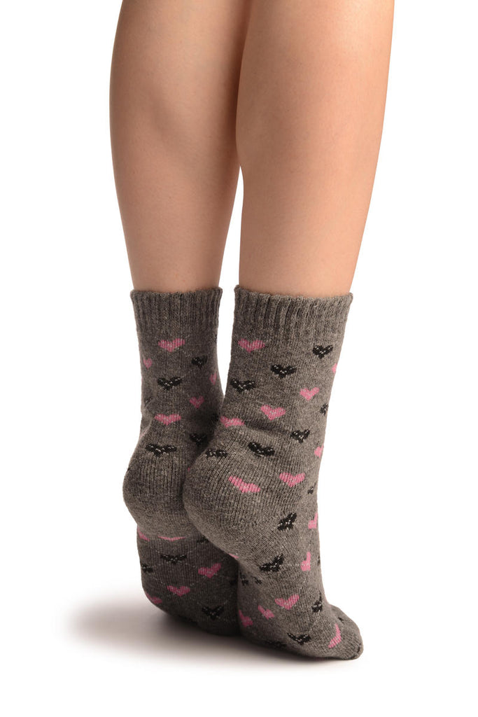 Liss Kiss Pink & Black Hearts On Grey Angora Ankle High Socks - Socks