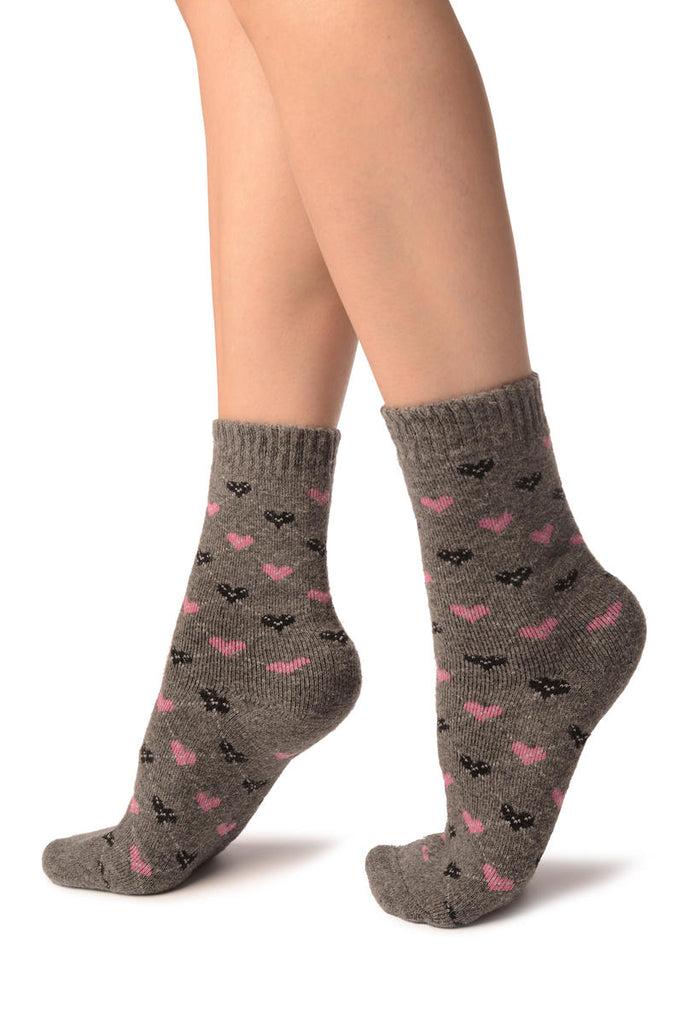 Liss Kiss Pink & Black Hearts On Grey Angora Ankle High Socks - Socks