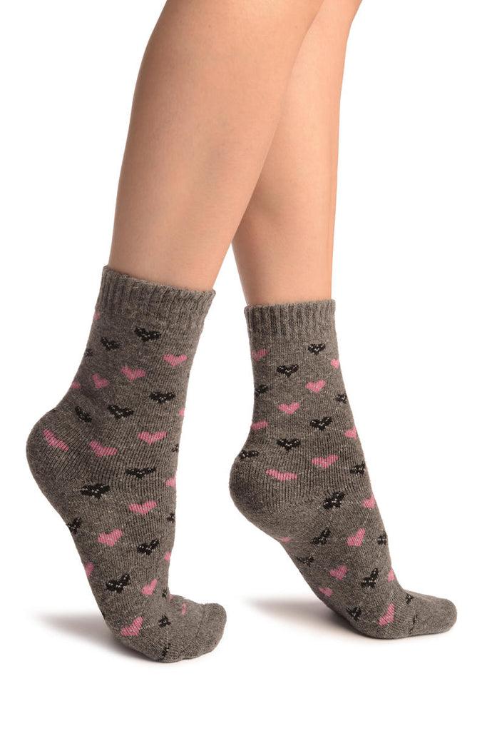 Liss Kiss Pink & Black Hearts On Grey Angora Ankle High Socks - Socks